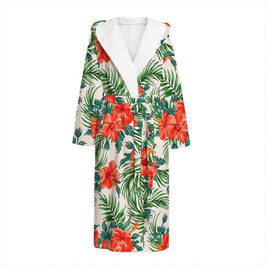 Tropical Hibiscus Blossom Pattern Print Hooded Bathrobe