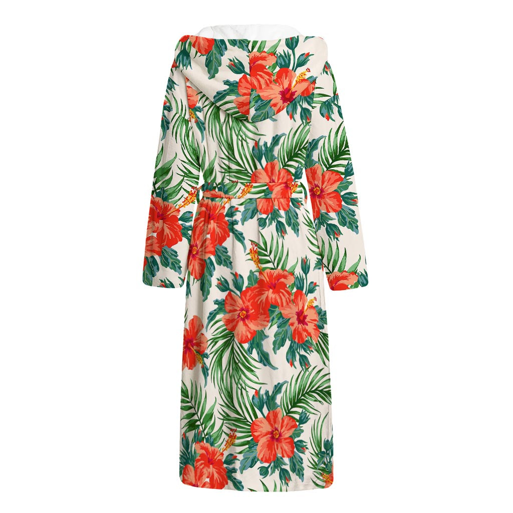 Tropical Hibiscus Blossom Pattern Print Hooded Bathrobe