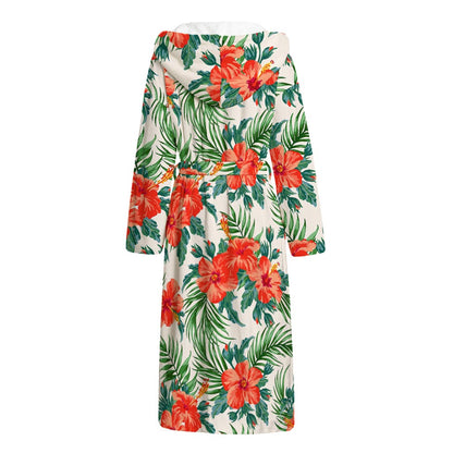 Tropical Hibiscus Blossom Pattern Print Hooded Bathrobe