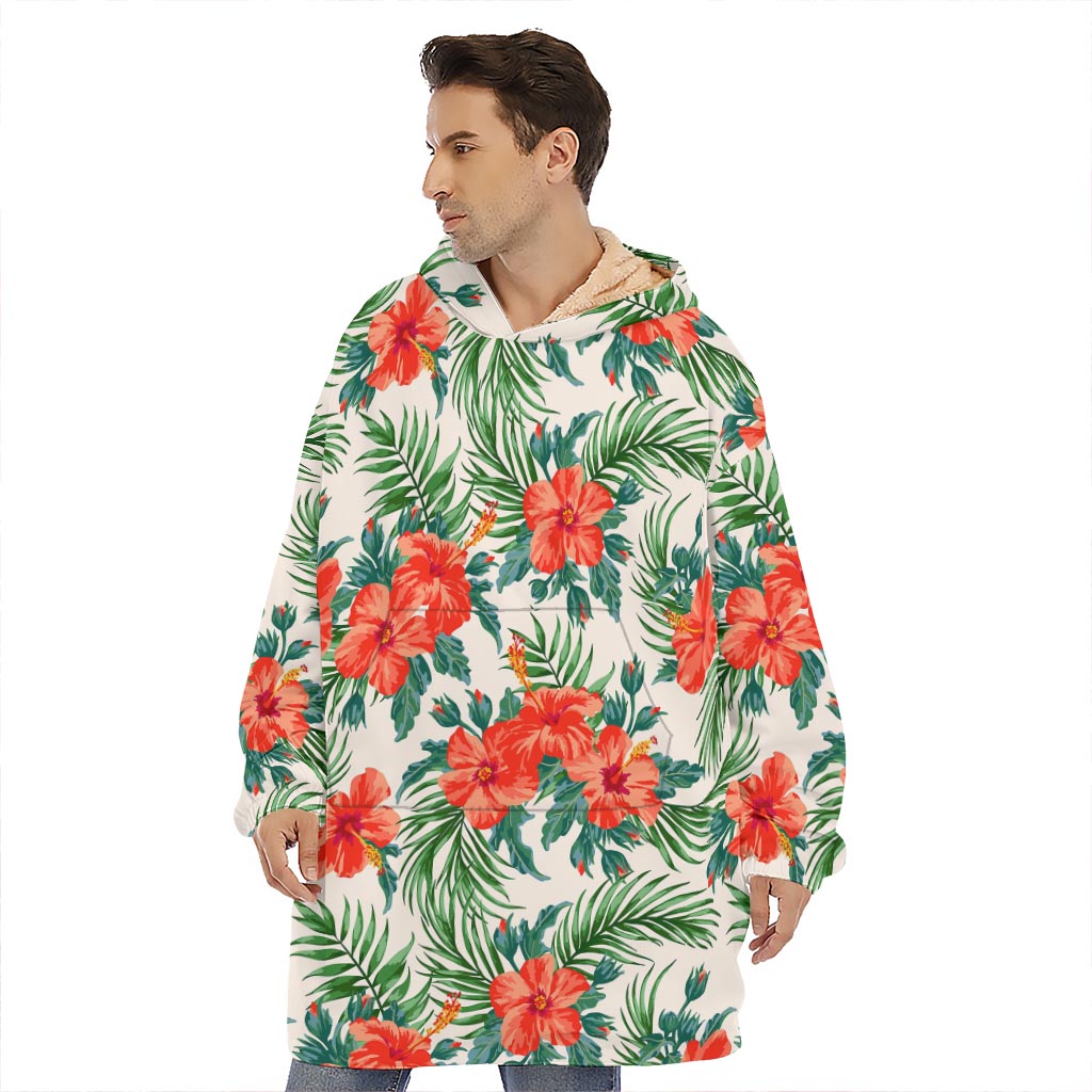 Tropical Hibiscus Blossom Pattern Print Hoodie Blanket