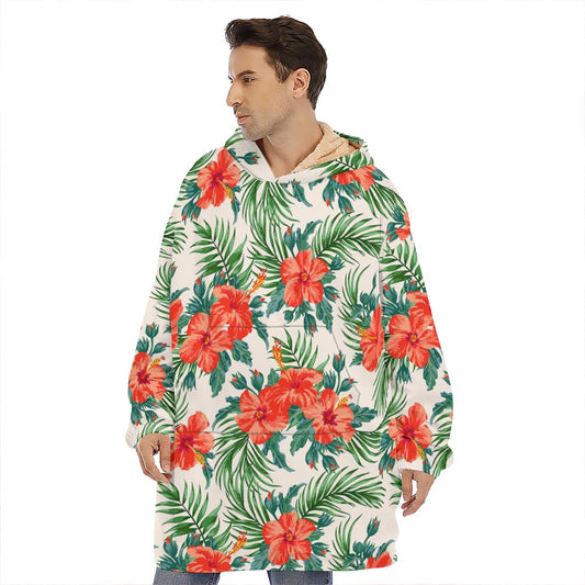 Tropical Hibiscus Blossom Pattern Print Hoodie Blanket
