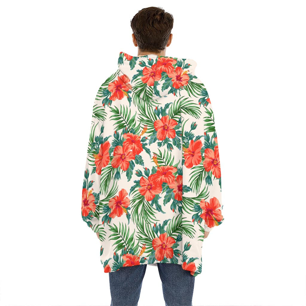 Tropical Hibiscus Blossom Pattern Print Hoodie Blanket