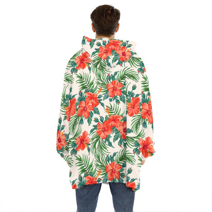 Tropical Hibiscus Blossom Pattern Print Hoodie Blanket