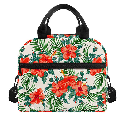 Tropical Hibiscus Blossom Pattern Print Insulated Lunch Bag