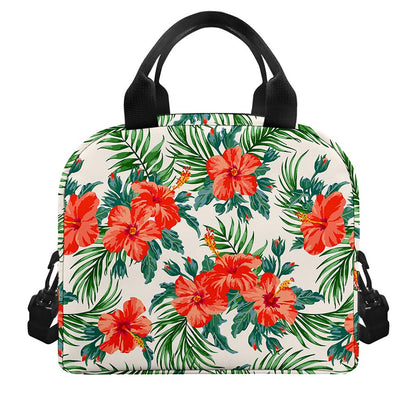 Tropical Hibiscus Blossom Pattern Print Insulated Lunch Bag