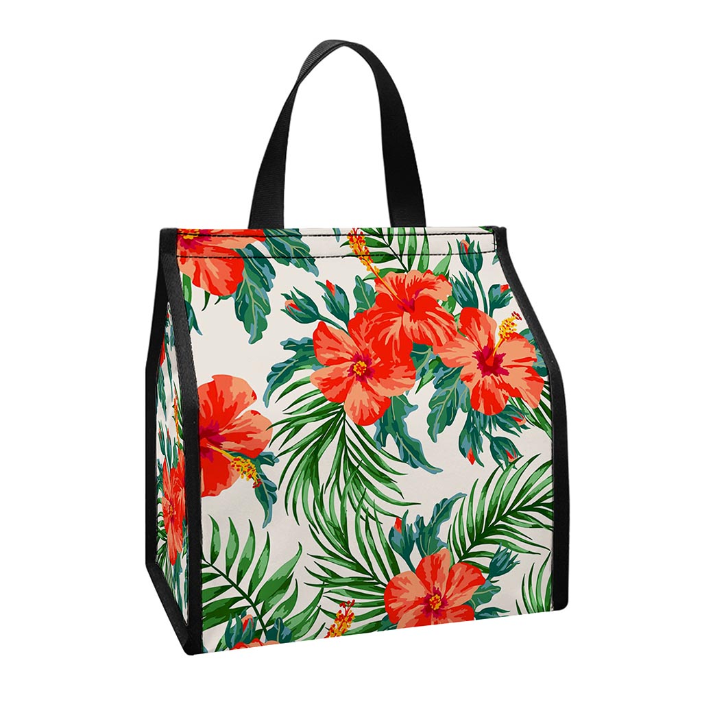 Tropical Hibiscus Blossom Pattern Print Insulated Lunch Tote