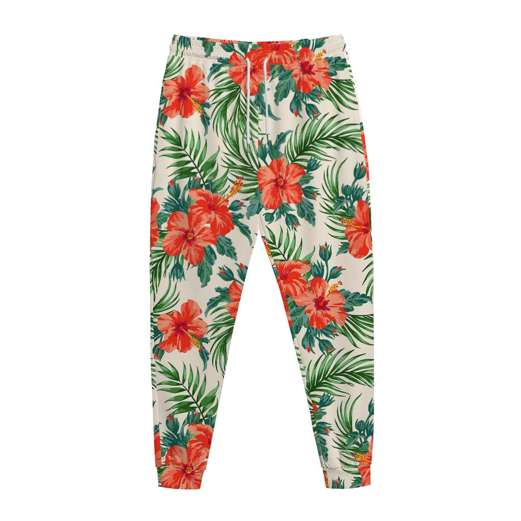 Tropical Hibiscus Blossom Pattern Print Jogger Pants