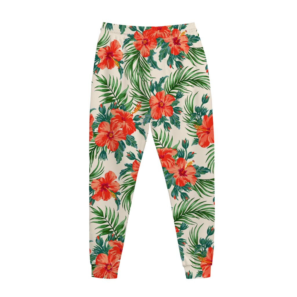 Tropical Hibiscus Blossom Pattern Print Jogger Pants