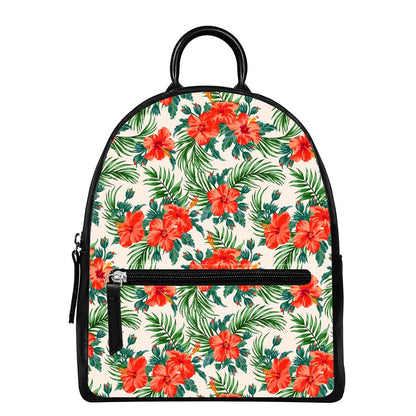 Tropical Hibiscus Blossom Pattern Print Leather Backpack