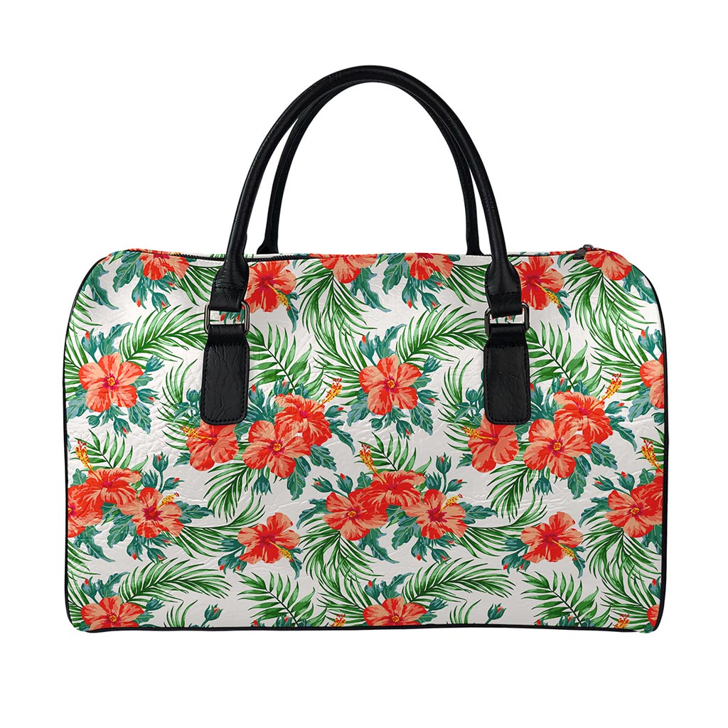Tropical Hibiscus Blossom Pattern Print Leather Duffle Bag
