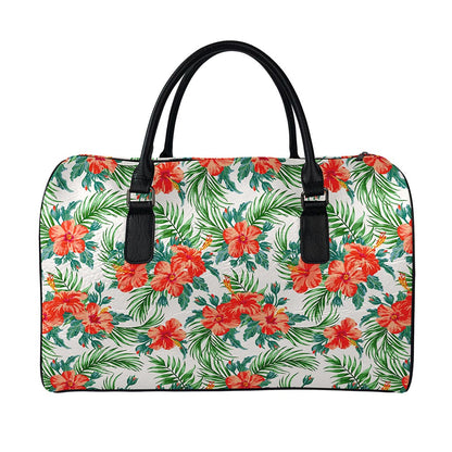 Tropical Hibiscus Blossom Pattern Print Leather Duffle Bag