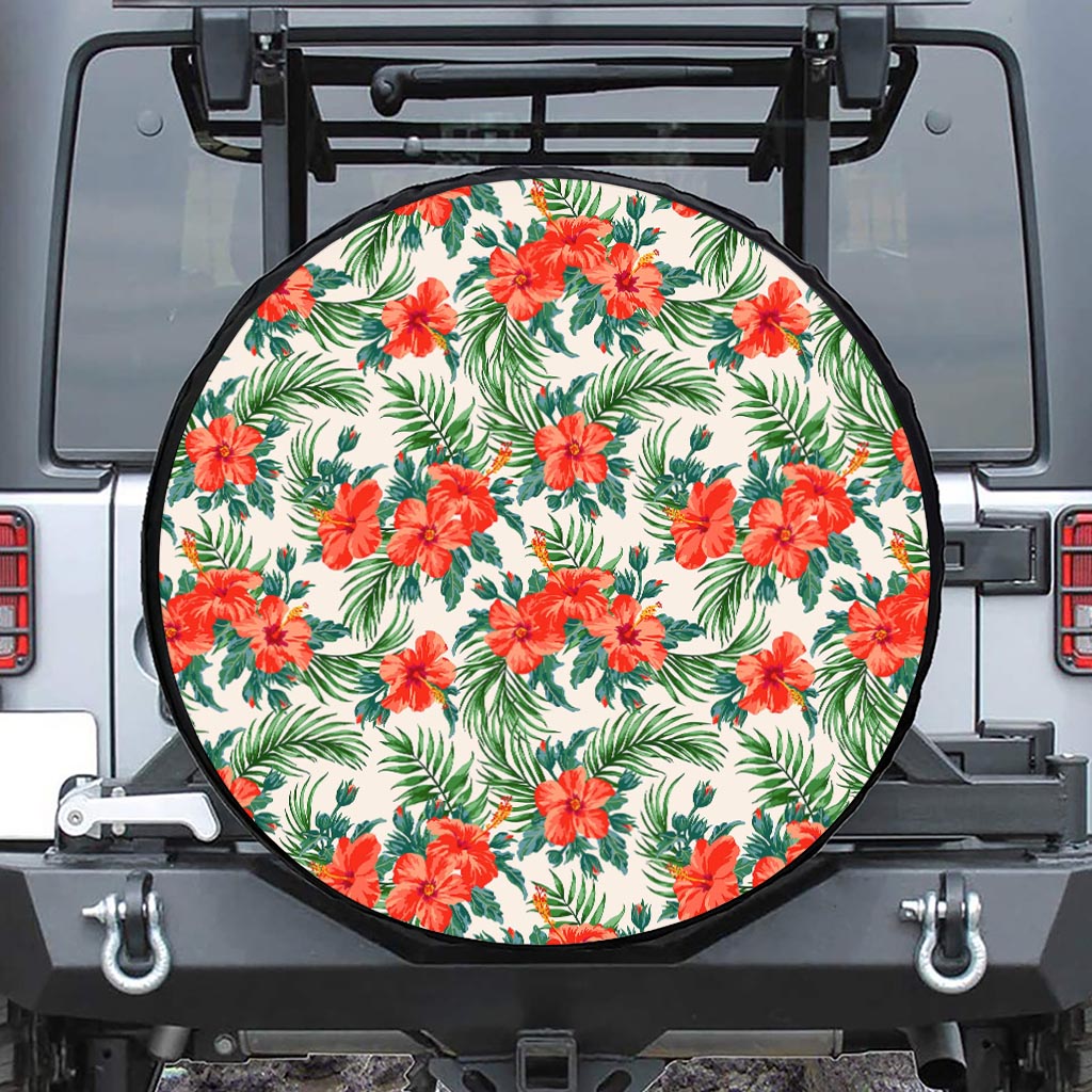 Tropical Hibiscus Blossom Pattern Print Leather Spare Tire Cover