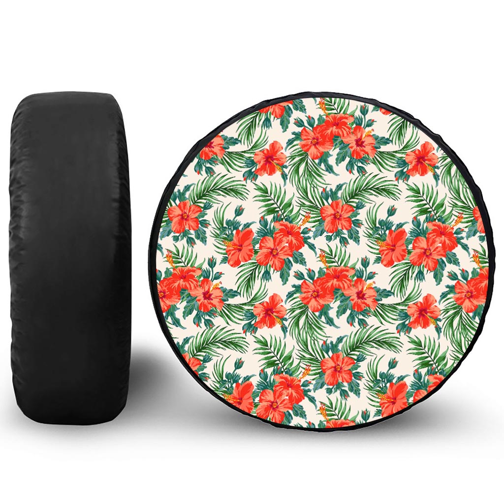 Tropical Hibiscus Blossom Pattern Print Leather Spare Tire Cover