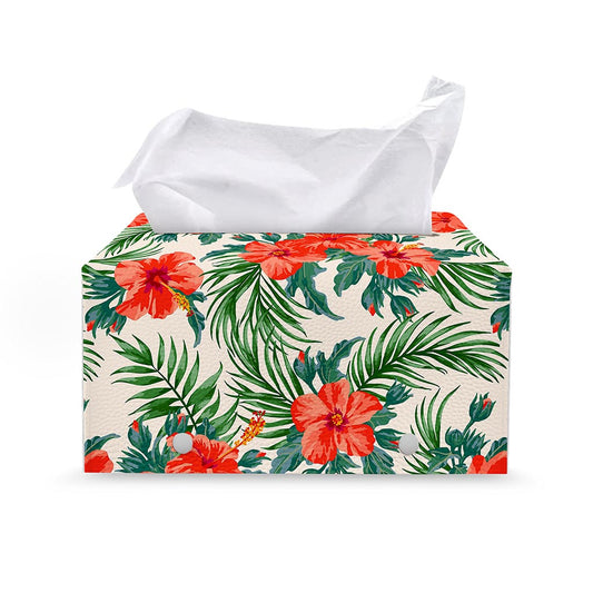 Tropical Hibiscus Blossom Pattern Print Leather Tissue Box Cover