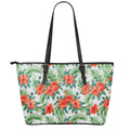Tropical Hibiscus Blossom Pattern Print Leather Tote Bag With Zipper