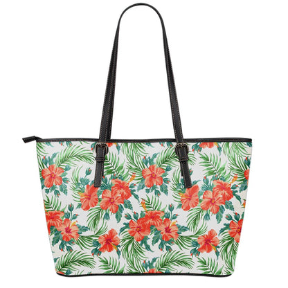 Tropical Hibiscus Blossom Pattern Print Leather Tote Bag
