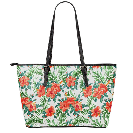 Tropical Hibiscus Blossom Pattern Print Leather Tote Bag