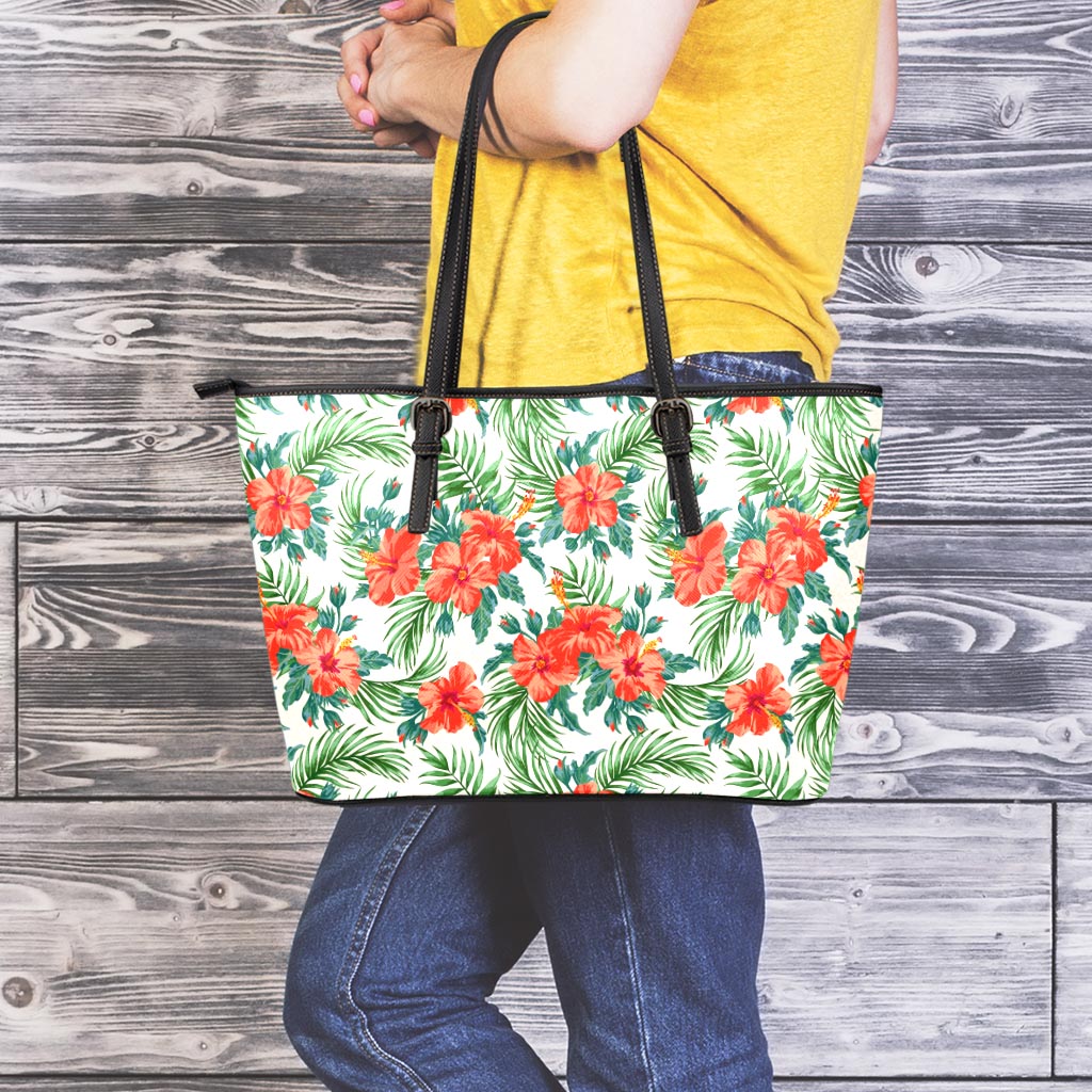 Tropical Hibiscus Blossom Pattern Print Leather Tote Bag