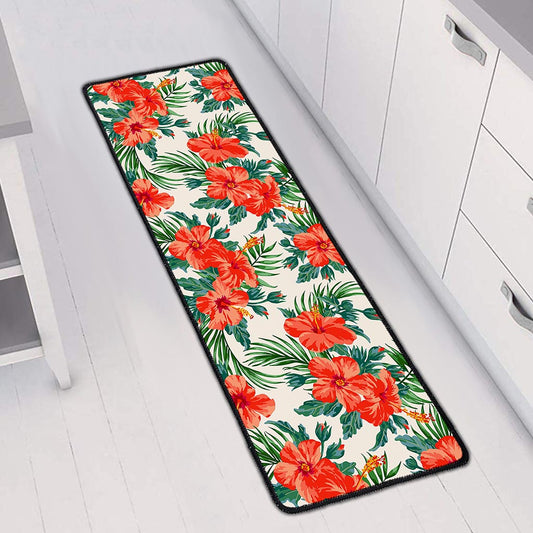 Tropical Hibiscus Blossom Pattern Print Long Kitchen Mat