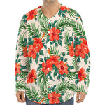 Tropical Hibiscus Blossom Pattern Print Long Sleeve Baseball Jersey