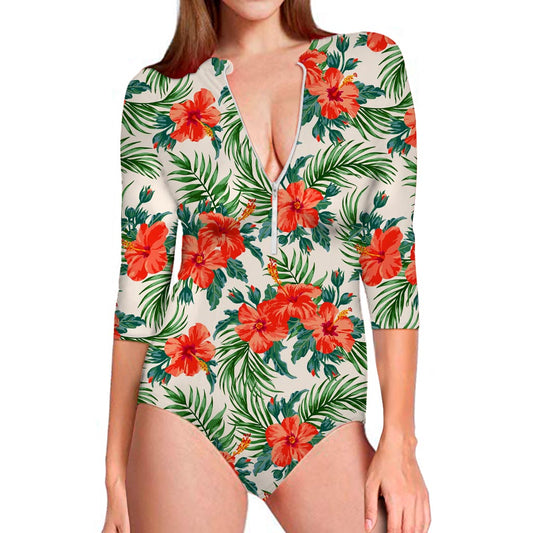 Tropical Hibiscus Blossom Pattern Print Long Sleeve Swimsuit
