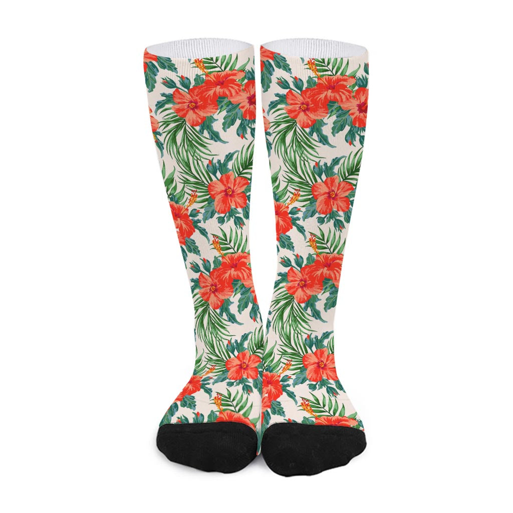 Tropical Hibiscus Blossom Pattern Print Long Socks