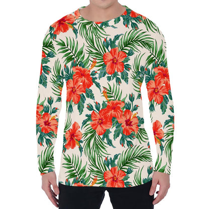 Tropical Hibiscus Blossom Pattern Print Men's Long Sleeve T-Shirt