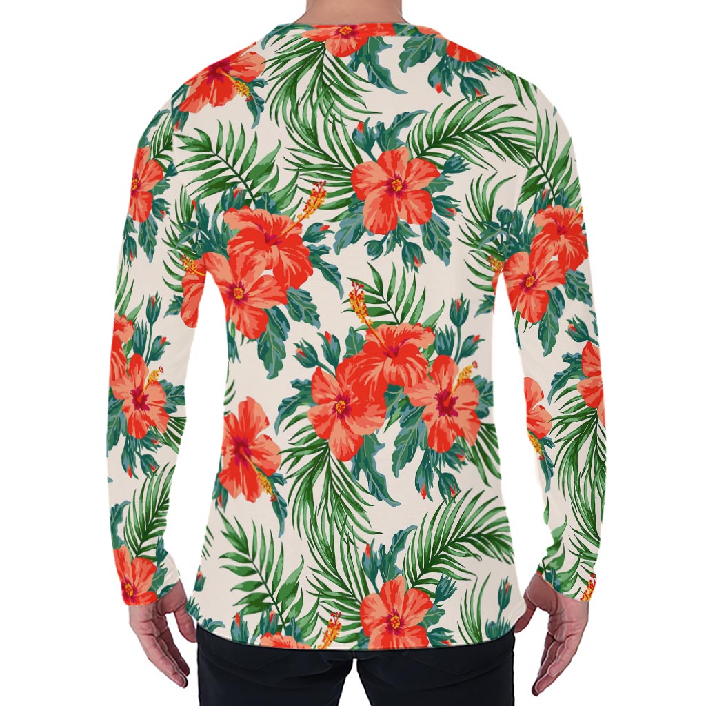 Tropical Hibiscus Blossom Pattern Print Men's Long Sleeve T-Shirt