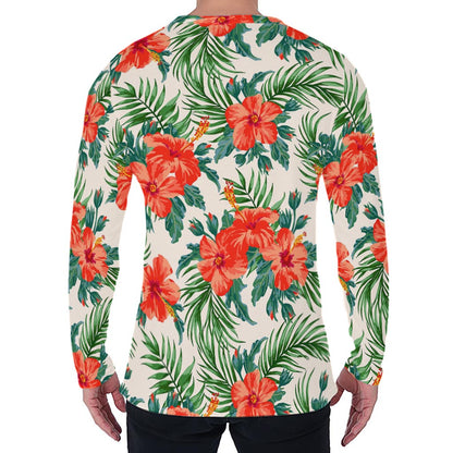 Tropical Hibiscus Blossom Pattern Print Men's Long Sleeve T-Shirt