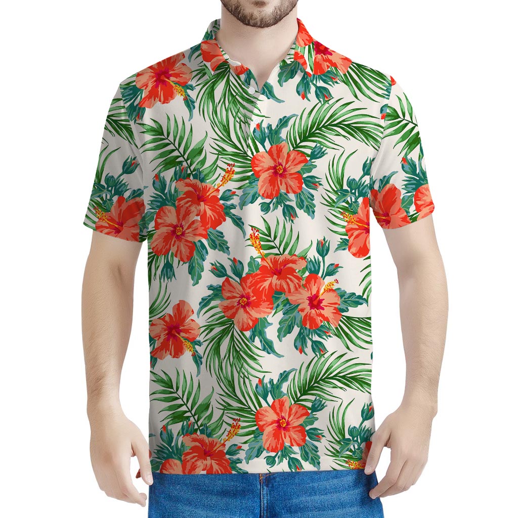 Tropical Hibiscus Blossom Pattern Print Men's Polo Shirt