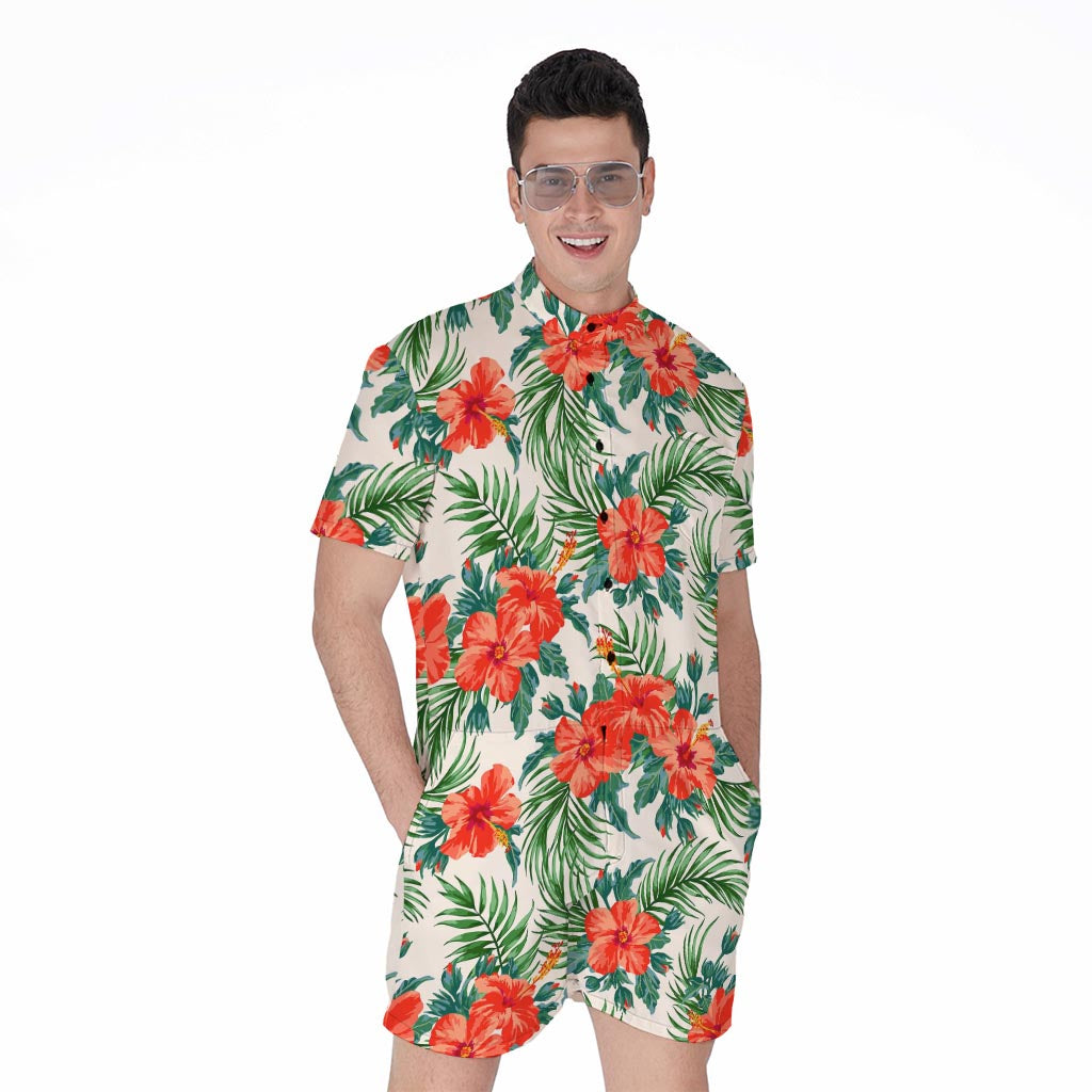 Tropical Hibiscus Blossom Pattern Print Men's Rompers