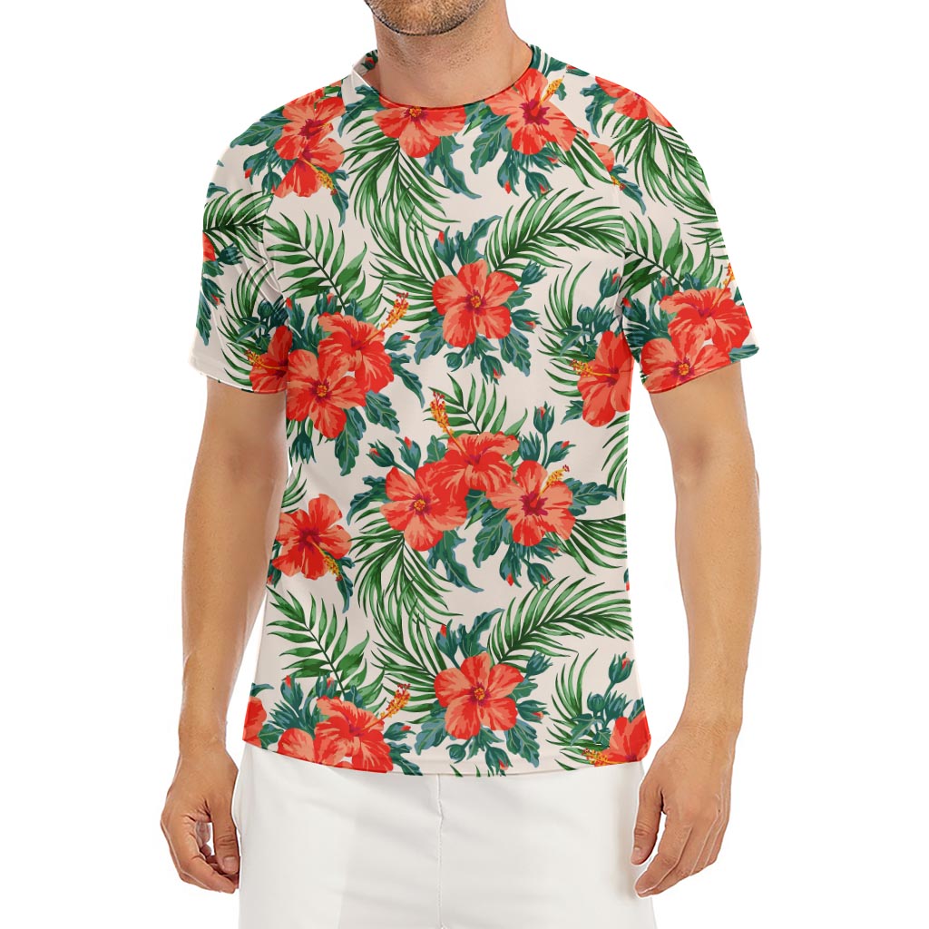 Tropical Hibiscus Blossom Pattern Print Men's Short Sleeve Rash Guard