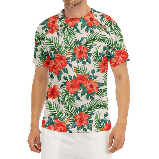 Tropical Hibiscus Blossom Pattern Print Men's Short Sleeve Rash Guard