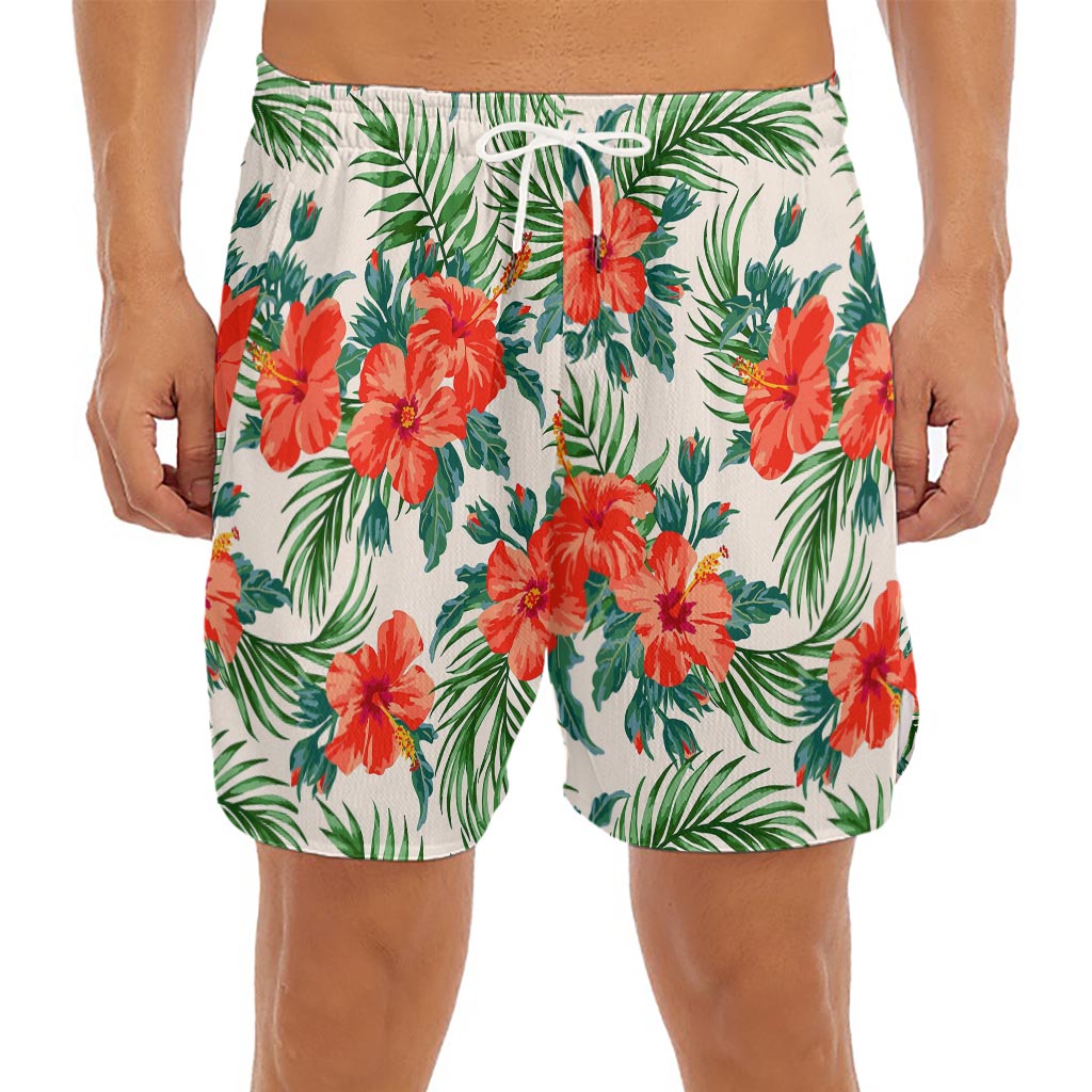Tropical Hibiscus Blossom Pattern Print Men's Split Running Shorts