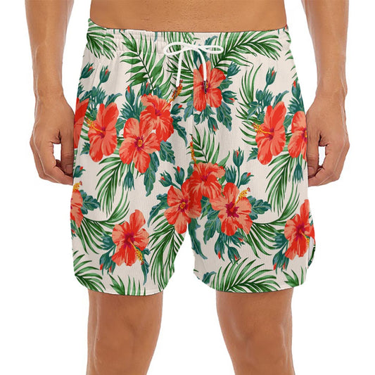 Tropical Hibiscus Blossom Pattern Print Men's Split Running Shorts
