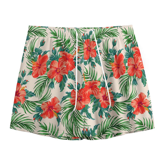 Tropical Hibiscus Blossom Pattern Print Mesh Shorts