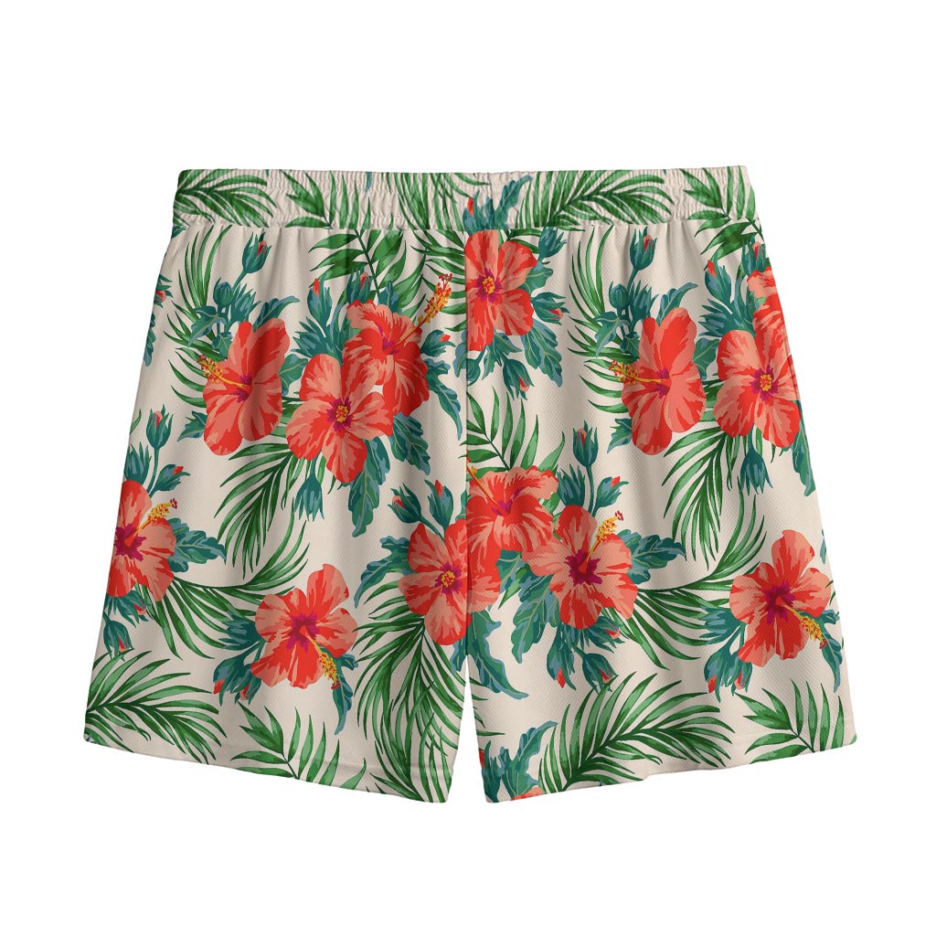 Tropical Hibiscus Blossom Pattern Print Mesh Shorts