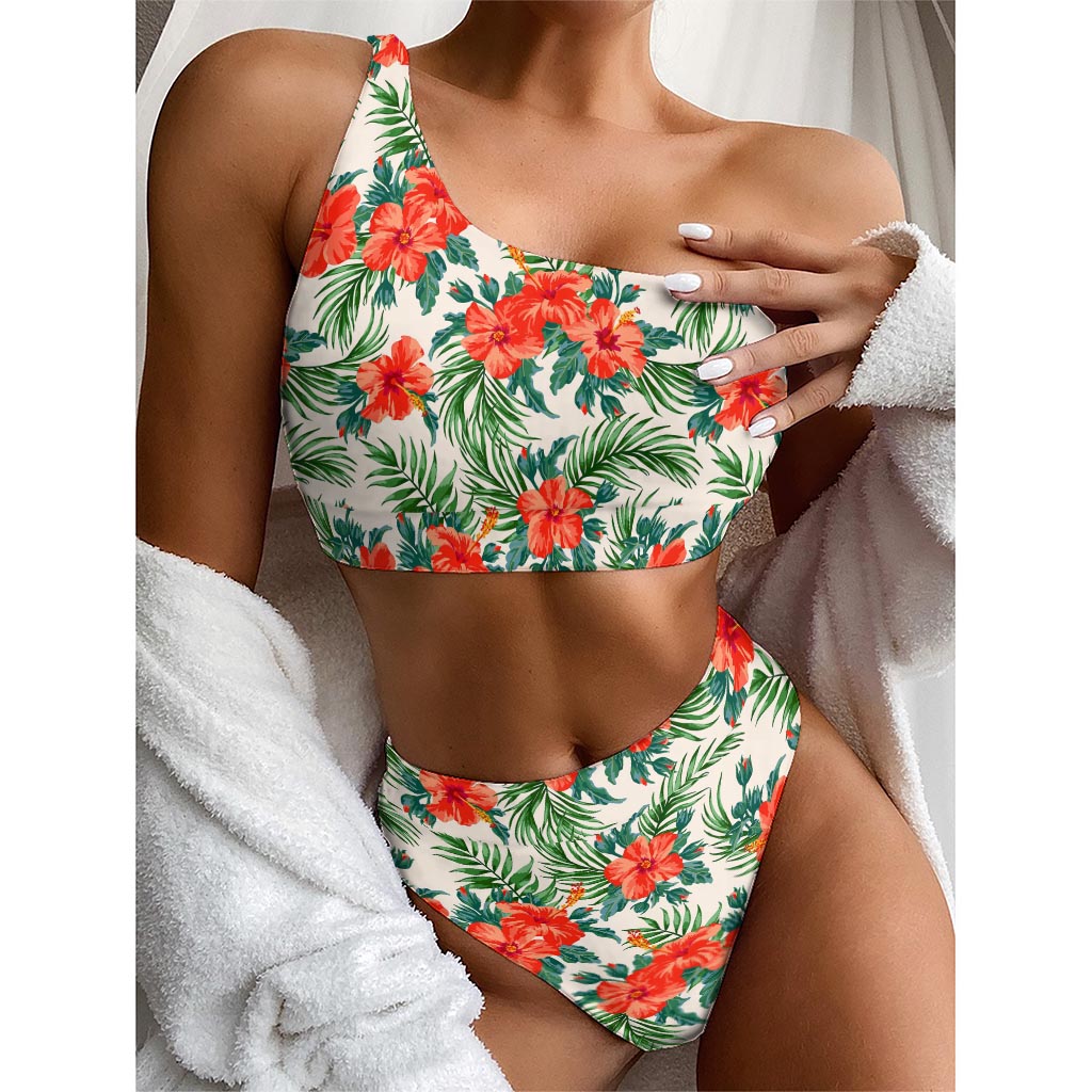 Tropical Hibiscus Blossom Pattern Print One Shoulder Bikini Top