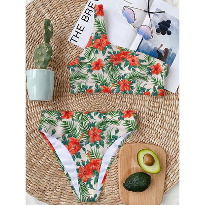Tropical Hibiscus Blossom Pattern Print One Shoulder Bikini Top