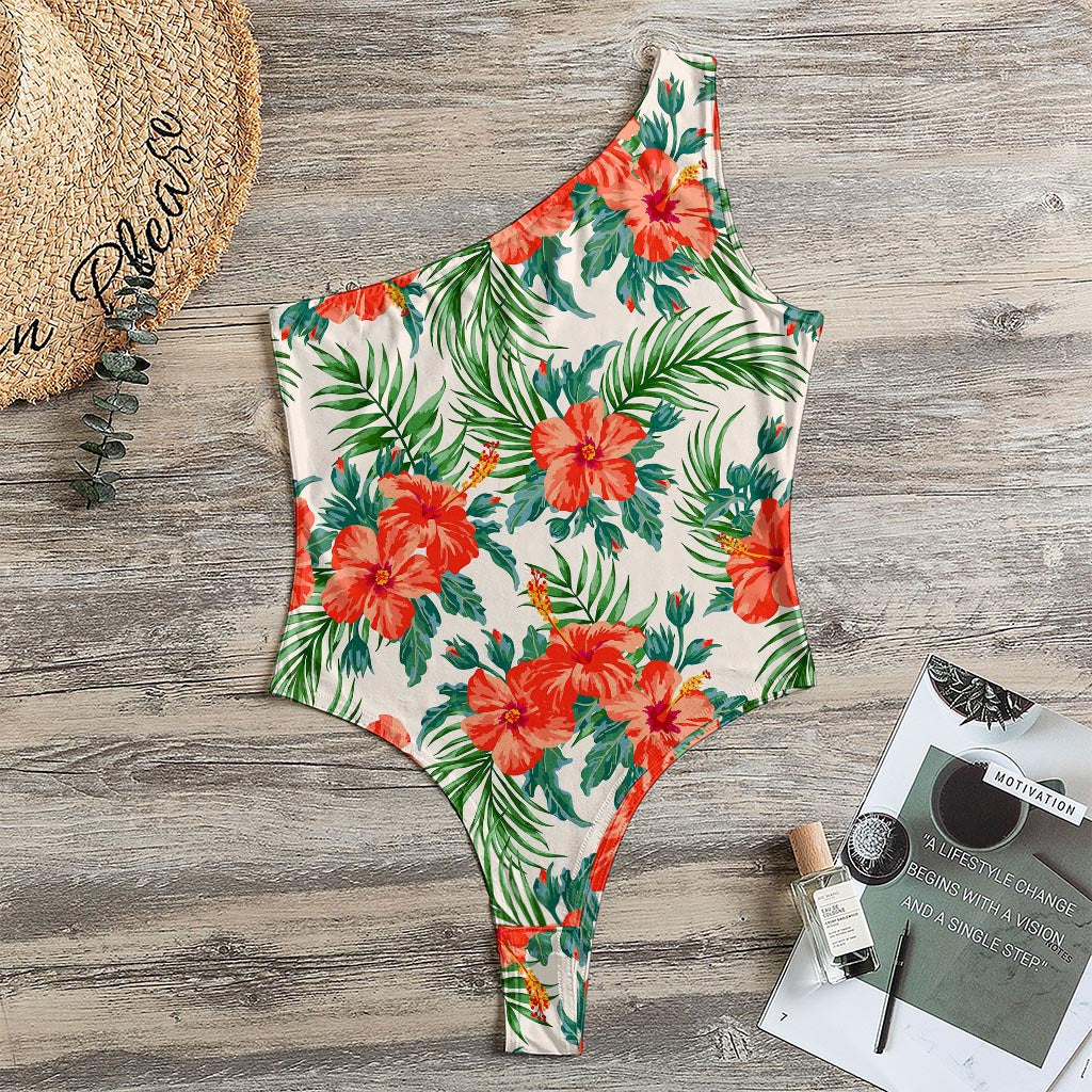 Tropical Hibiscus Blossom Pattern Print One Shoulder Bodysuit