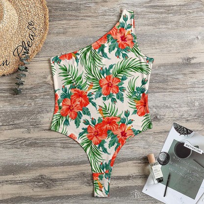 Tropical Hibiscus Blossom Pattern Print One Shoulder Bodysuit