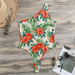 Tropical Hibiscus Blossom Pattern Print One Shoulder Bodysuit