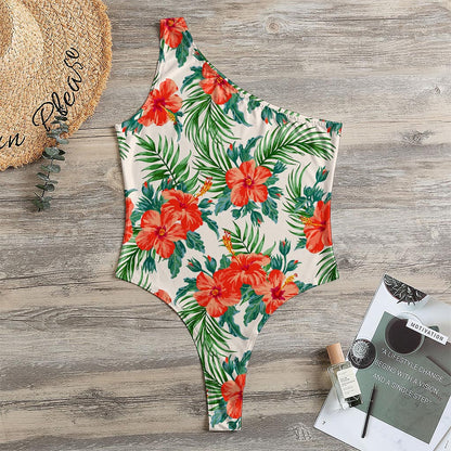 Tropical Hibiscus Blossom Pattern Print One Shoulder Bodysuit