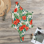 Tropical Hibiscus Blossom Pattern Print One Shoulder Bodysuit