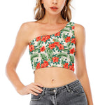 Tropical Hibiscus Blossom Pattern Print One Shoulder Crop Top