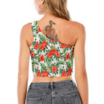 Tropical Hibiscus Blossom Pattern Print One Shoulder Crop Top