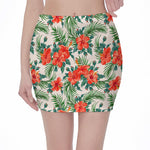 Tropical Hibiscus Blossom Pattern Print Pencil Mini Skirt