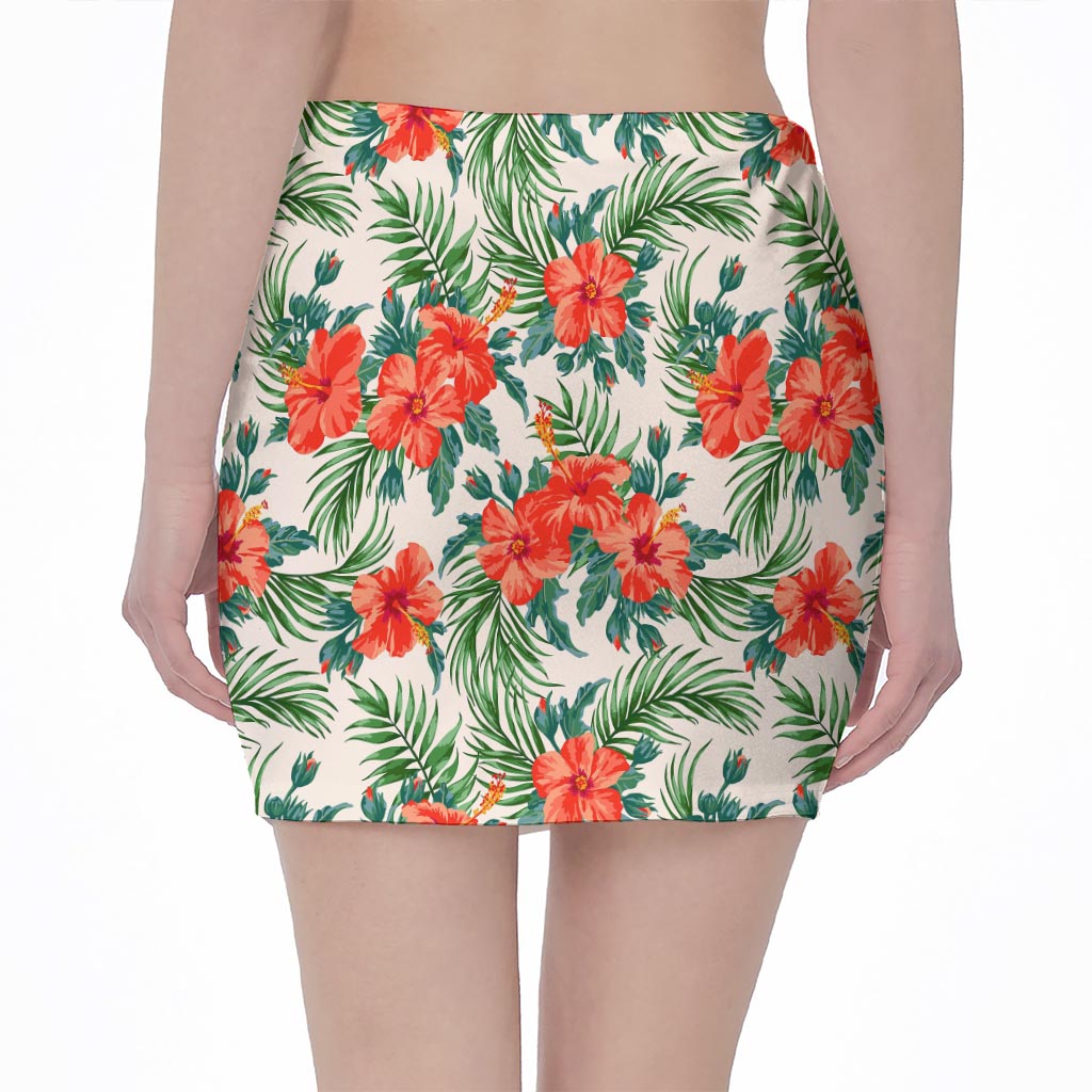 Tropical Hibiscus Blossom Pattern Print Pencil Mini Skirt