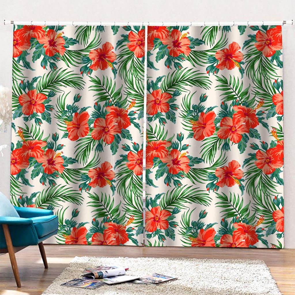 Tropical Hibiscus Blossom Pattern Print Pencil Pleat Curtains