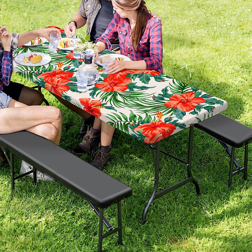 Tropical Hibiscus Blossom Pattern Print Picnic Table Cover